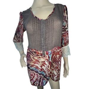 BKE Sheer Abstract Pattern Half Sleeve Blouse With Lace Bell sleeves